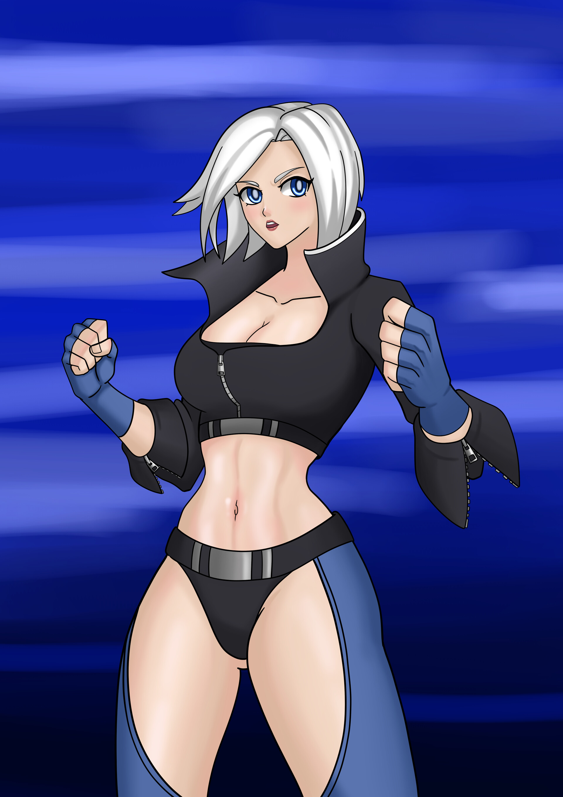 angel (kof), the king of fighters, absurdres, highres, 1girl, blue eyes, breasts, cleavage, curvy, dariogamicart, female focus, gloves, huge breasts, jacket, large breasts, leather, pale skin, panties, short hair, standing, thick thighs, thighs, underwear, white hair, wide hips