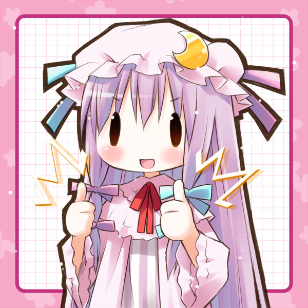 eretto, patchouli knowledge, touhou, 1girl, :d, ^^^, crescent, female focus, hair ribbon, hat, long hair, open mouth, purple hair, ribbon, smile, solo, thumbs up