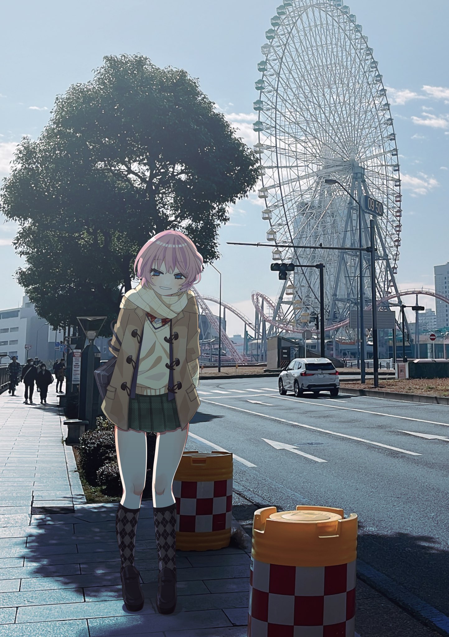 station memories, highres, 1girl, car, checkered clothes, checkered skirt, motor vehicle, photo background, skirt, yokohama michiru
