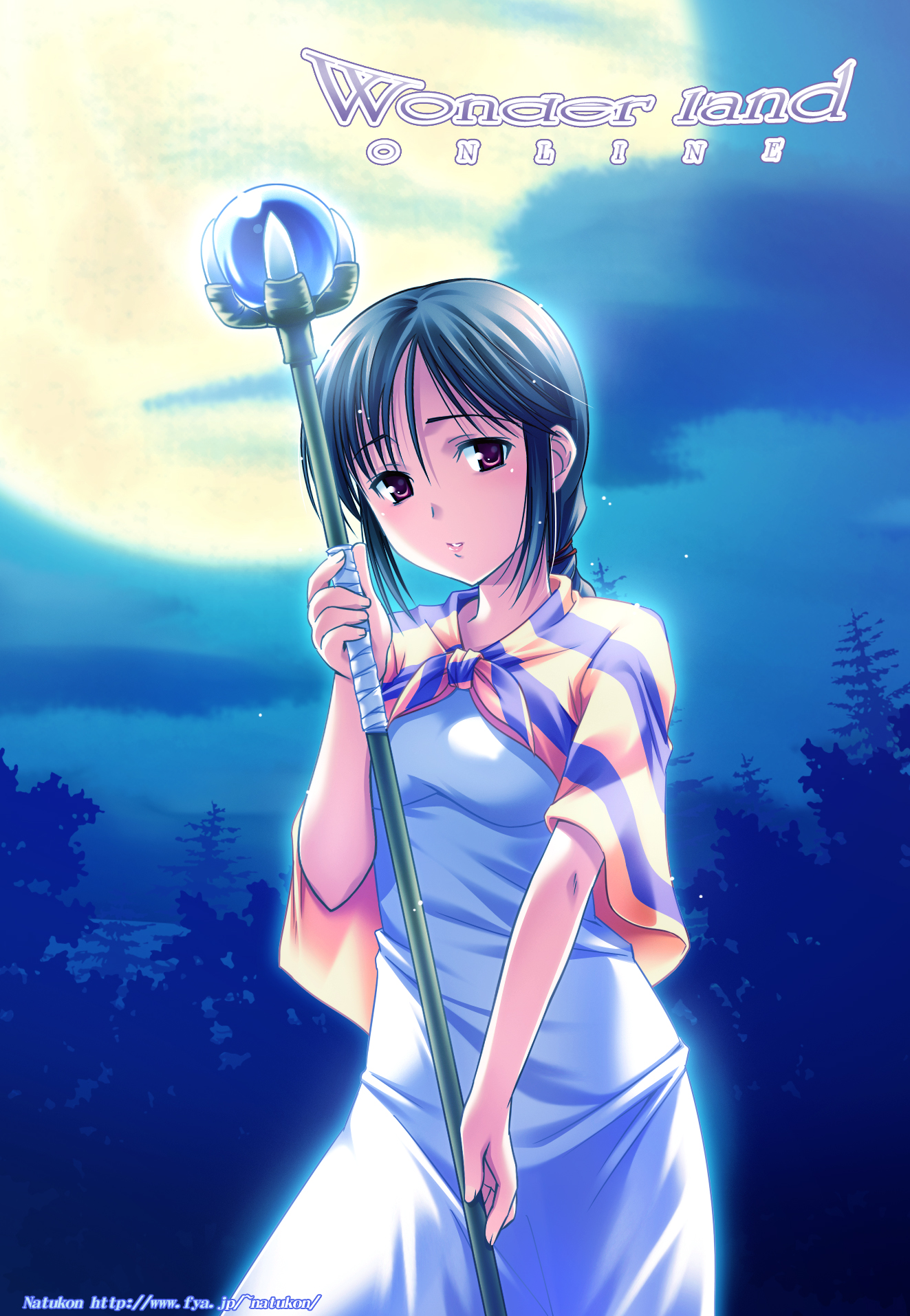 natsukon, highres, tagme, 1girl, female focus, moon, solo, staff