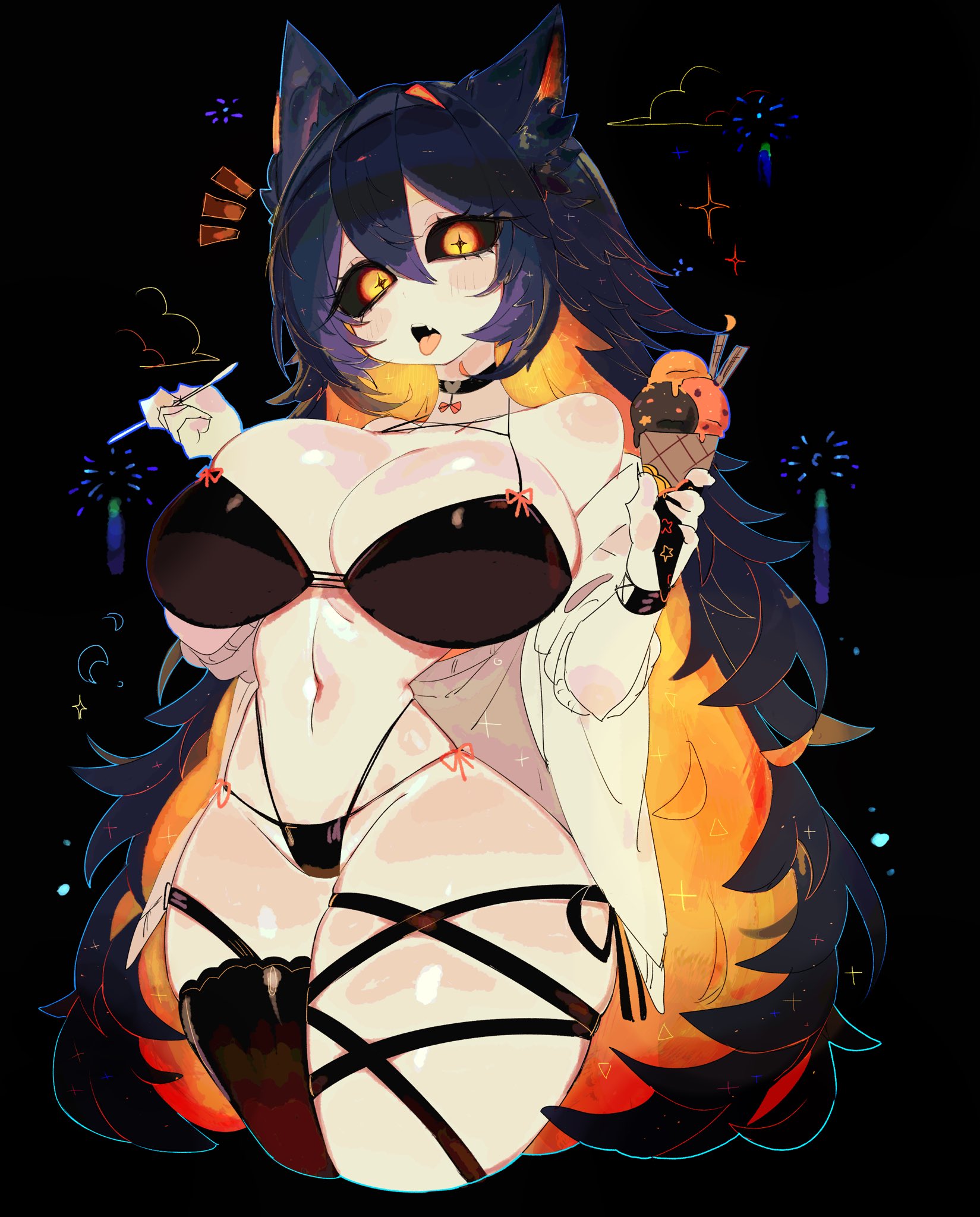 usa37107692, indie virtual youtuber, highres, 1girl, animal ear fluff, animal ears, blush, breasts, cat ears, cat girl, cat tail, large breasts, long hair, long sleeves, looking at viewer, millanoire, open mouth, simple background, smile, solo, tail, virtual youtuber