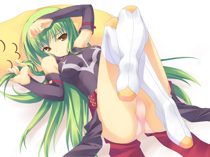 aoi sora-maru, c.c., cheese-kun, code geass, pizza hut, 00s, boots, green hair, holding, holding own hair, long hair, lying, panties, solo, thigh boots, thighhighs, underwear, yellow eyes