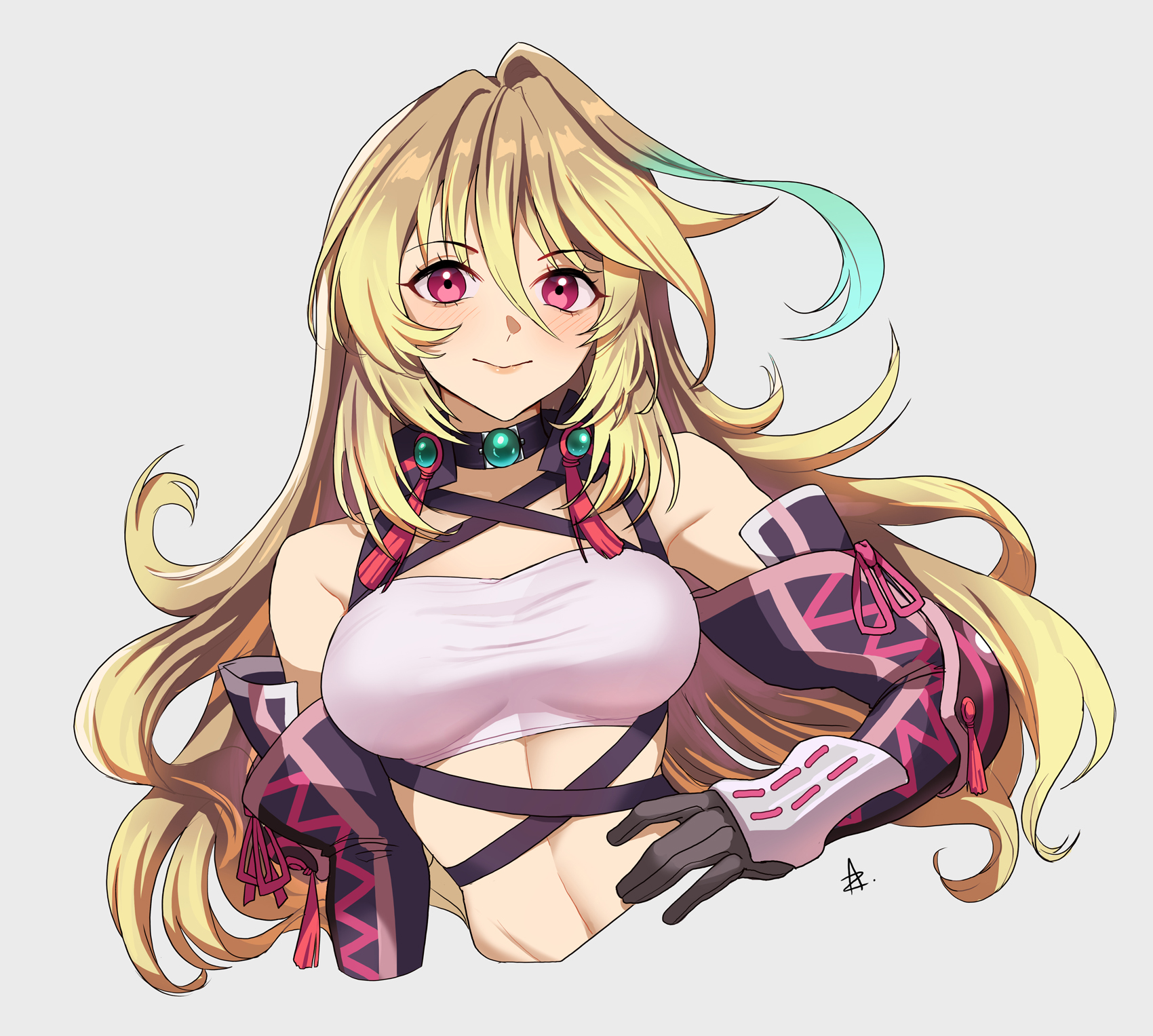 zedoraart, milla maxwell, tales of (series), tales of xillia, 1girl, blonde hair, breasts, long hair, looking at viewer, midriff, multicolored hair, pink eyes, solo, two-tone hair