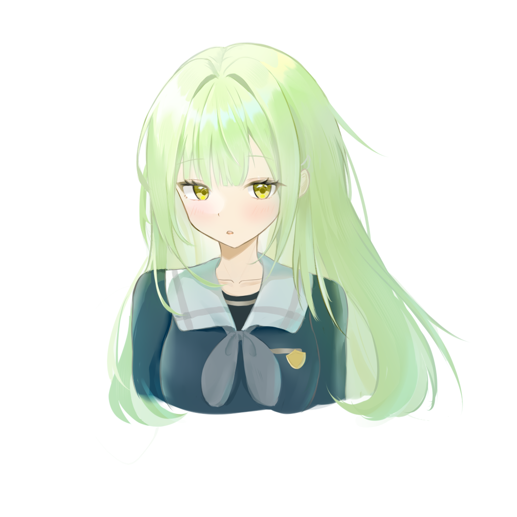 chokei, wakabayashi toshiya, bang dream!, bang dream! it's mygo!!!!!, 1girl, :o, badge, blunt bangs, blush, collarbone, green hair, hair intakes, long hair, open mouth, sidelocks, simple background, solo, teeth, upper teeth only, white background, yellow eyes