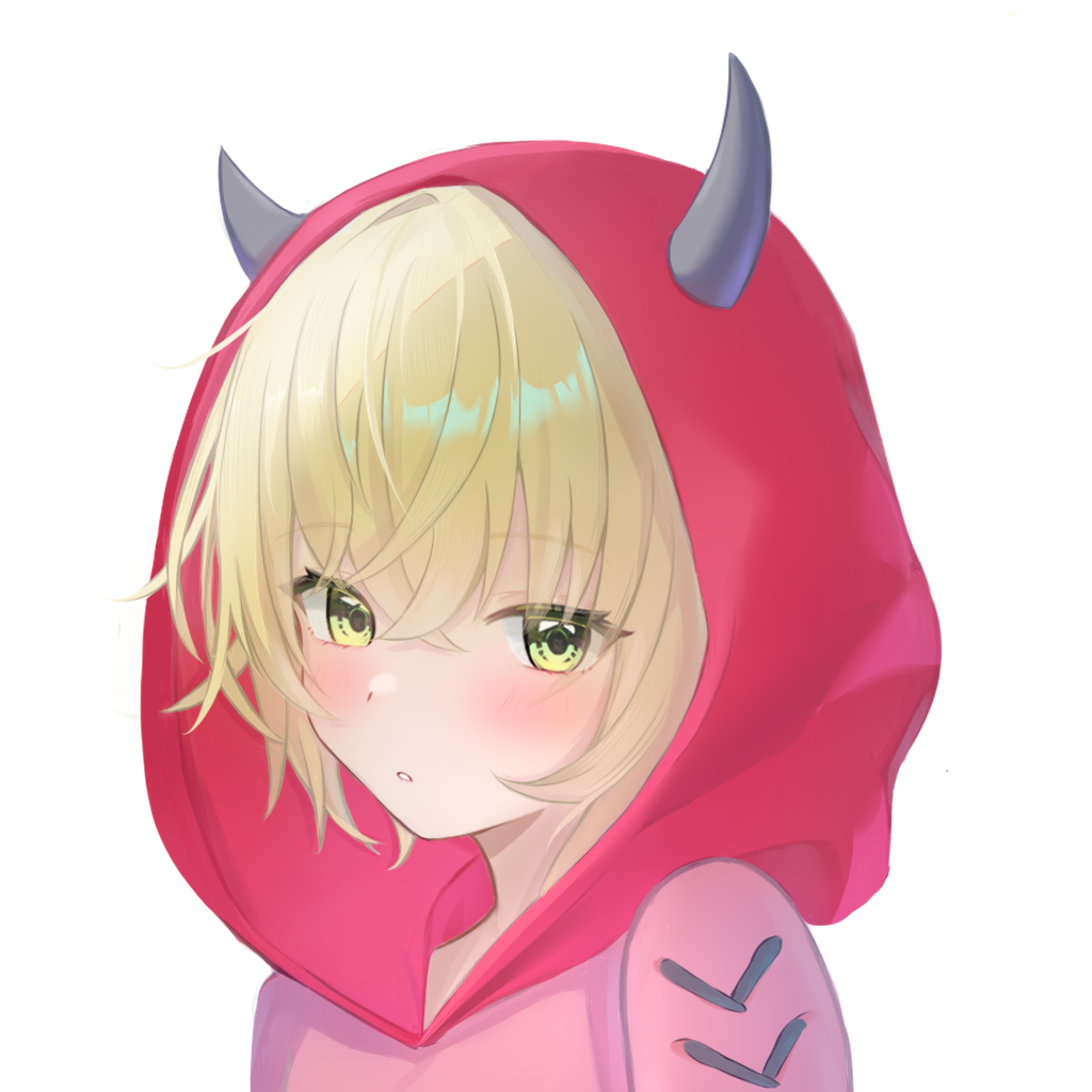 chokei, toomi mei, cue!, 1girl, blonde hair, blush, fake horns, from side, green eyes, hair between eyes, hood, hoodie, horns, looking at viewer, open mouth, short hair, simple background, teeth, white background