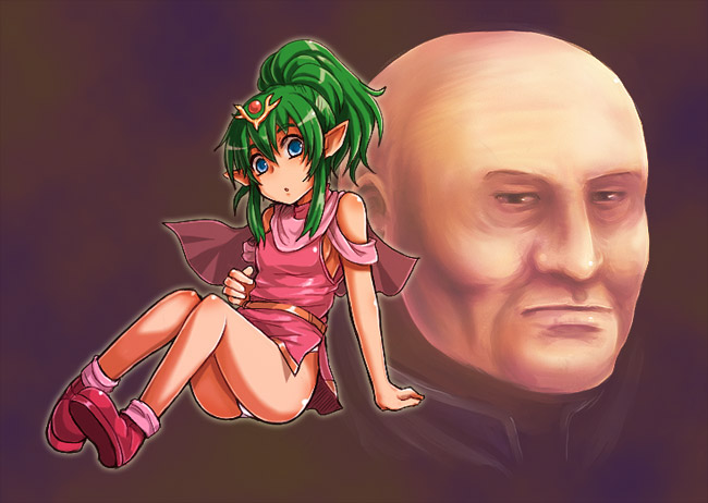 kara (color), tiki (fire emblem), tiki (young) (fire emblem), wrys (fire emblem), fire emblem, fire emblem: mystery of the emblem, fire emblem: new mystery of the emblem, fire emblem: shadow dragon, fire emblem: shadow dragon and the blade of light, nintendo, 1boy, 1girl, bald, blue eyes, green hair, panties, pointy ears, underwear, white panties