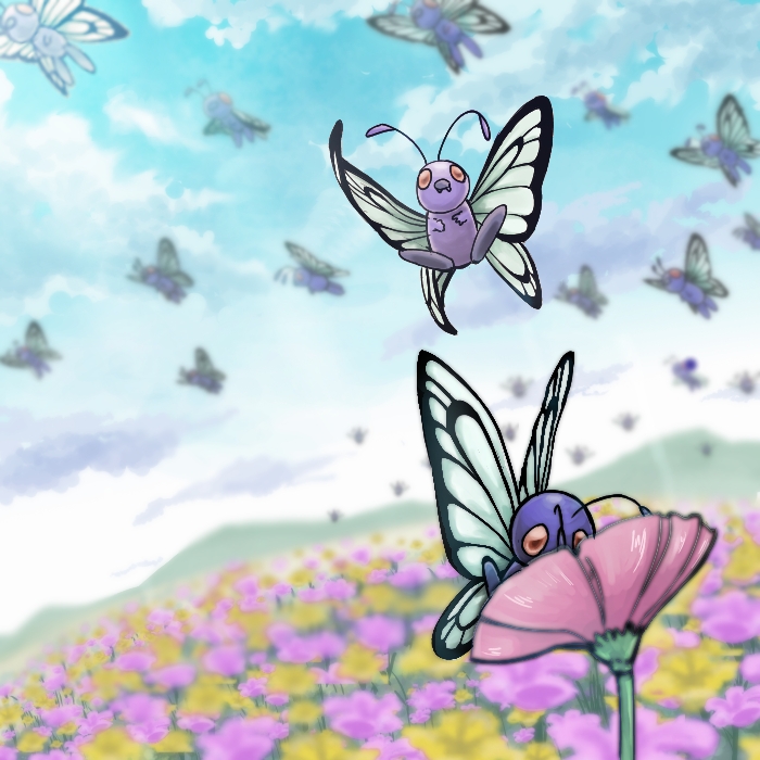 kid-ippo, butterfree, nintendo, pokemon, antennae, blurry, blurry background, day, depth of field, flower, gen 1 pokemon, no humans, outdoors, pink flower, pokemon (creature)