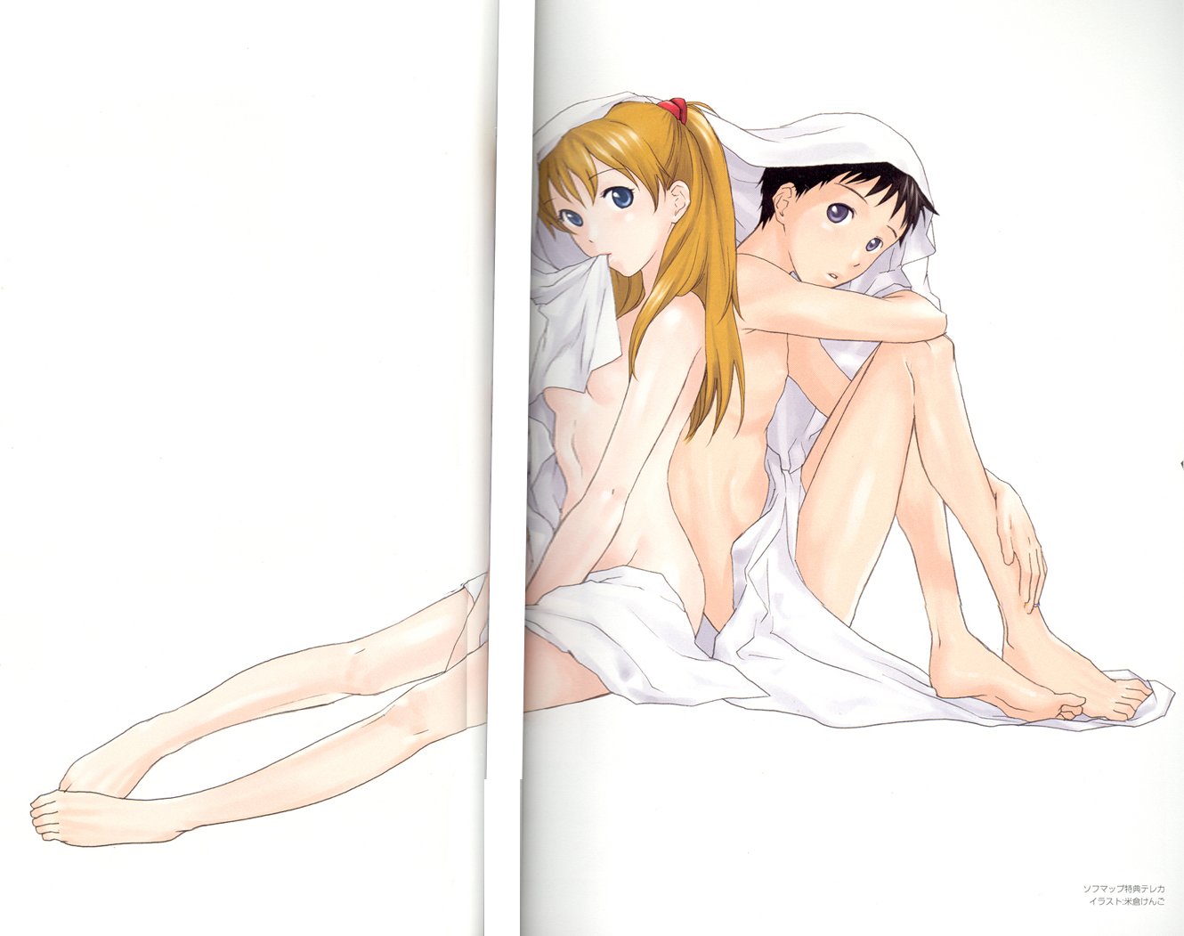 yonekura kengo, ikari shinji, souryuu asuka langley, neon genesis evangelion, scan, scan artifacts, 1boy, 1girl, :o, back-to-back, barefoot, bed sheet, black hair, blue eyes, breasts, brown hair, crease, feet, hair ornament, legs, long hair, looking back, mouth hold, naked sheet, nude, open mouth, orange hair, red hair, short hair, sideboob, sitting, small breasts, twintails, underboob