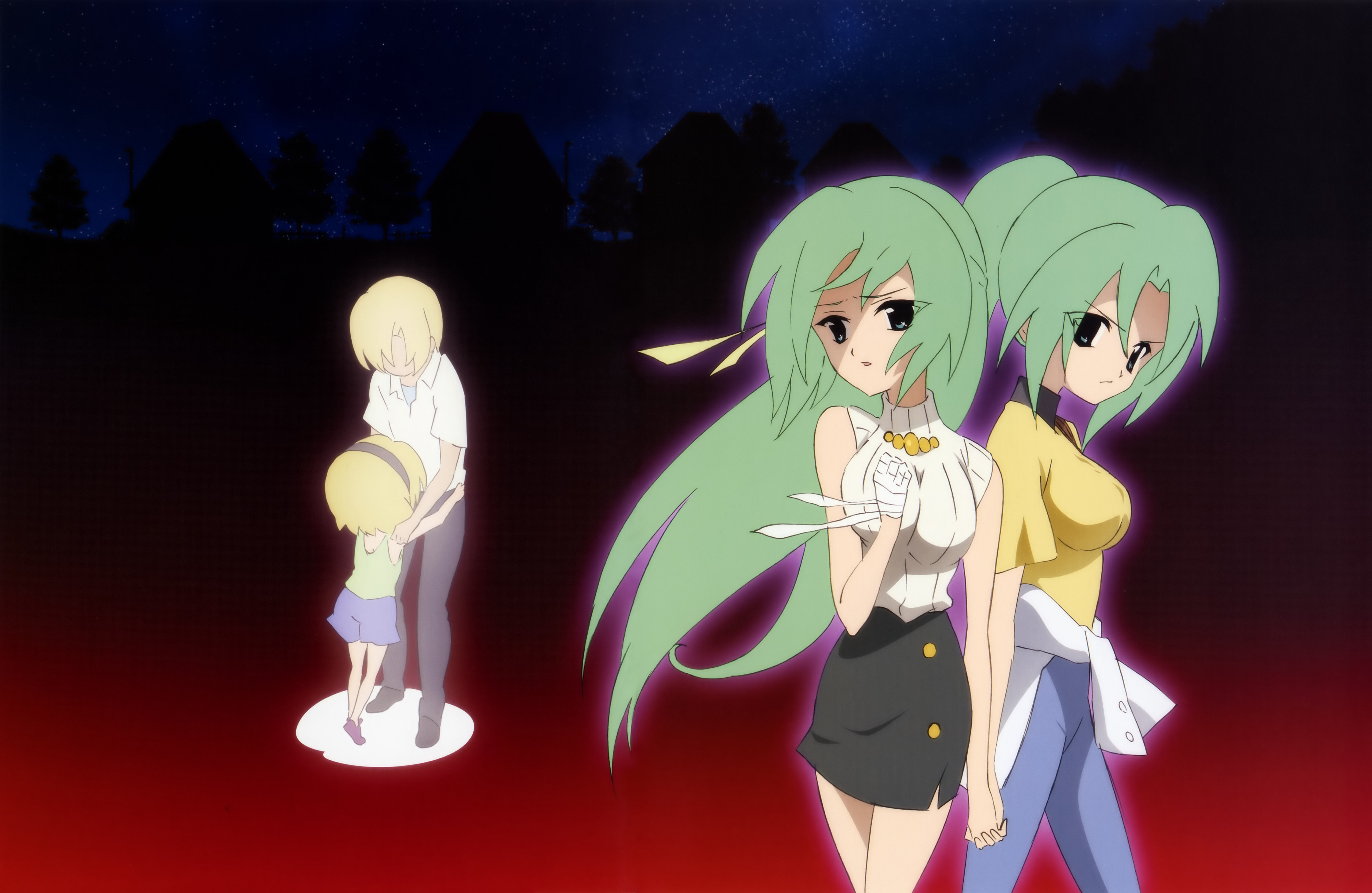 sakai kyuuta, houjou satoko, houjou satoshi, sonozaki mion, sonozaki shion, higurashi no naku koro ni, absurdres, highres, official art, scan, 00s, 1boy, 3girls, aged down, bandages, blonde hair, green hair, long hair, multiple girls, night, night sky, ponytail, siblings, sisters, sky, twins