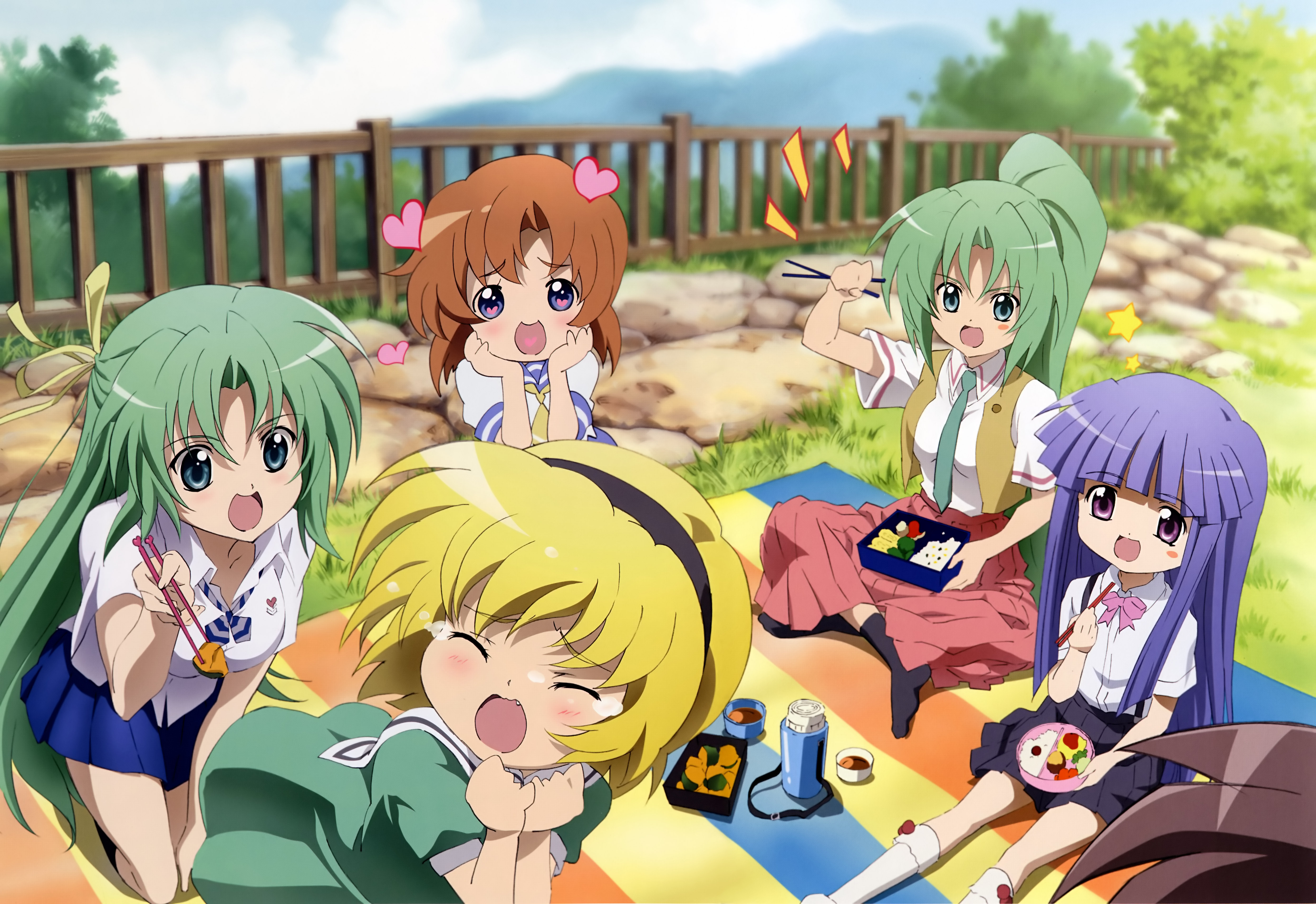 sakai kyuuta, furude rika, houjou satoko, maebara keiichi, ryuuguu rena, sonozaki mion, sonozaki shion, higurashi no naku koro ni, absurdres, highres, official art, scan, 00s, 1boy, 4girls, 5girls, bento, blonde hair, blue eyes, blue hair, blush, brown hair, child, chopsticks, cloud, day, eating, fang, friends, green eyes, green hair, hair ribbon, half updo, heart, heart-shaped pupils, kneehighs, long skirt, looking at another, multiple girls, no shoes, picnic, pumpkin, purple eyes, ribbon, school uniform, serafuku, short hair, siblings, sisters, skirt, sky, socks, symbol-shaped pupils, tears, tree, twins