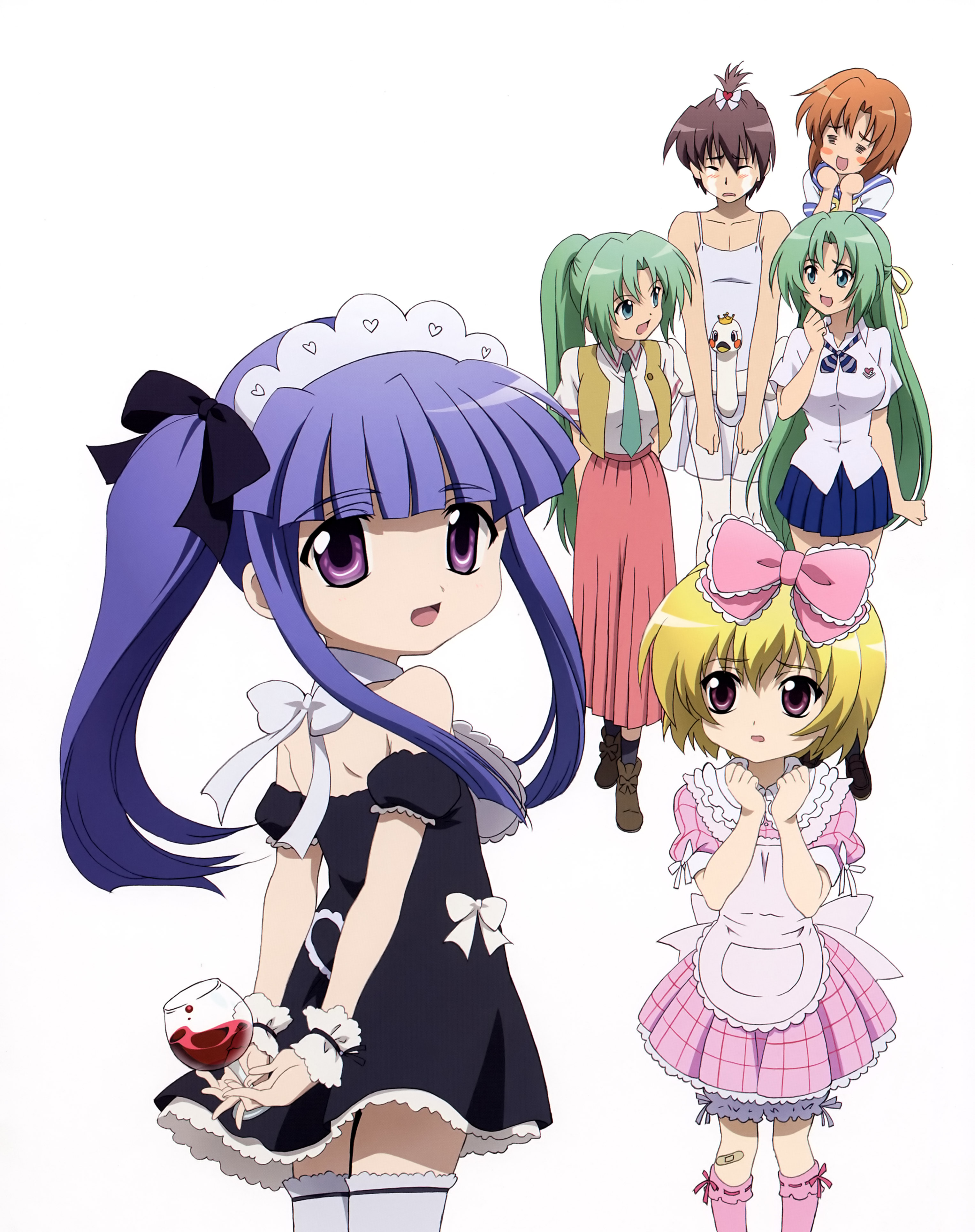sakai kyuuta, furude rika, houjou satoko, maebara keiichi, ryuuguu rena, sonozaki mion, sonozaki shion, higurashi no naku koro ni, absurdres, highres, scan, 00s, 1boy, 5girls, blonde hair, blue hair, bow, brown hair, child, crossdressing, green eyes, green hair, half updo, long hair, maid, multiple girls, pink bow, purple eyes, school uniform, serafuku, short hair, siblings, sisters, thighhighs, tutu, twins