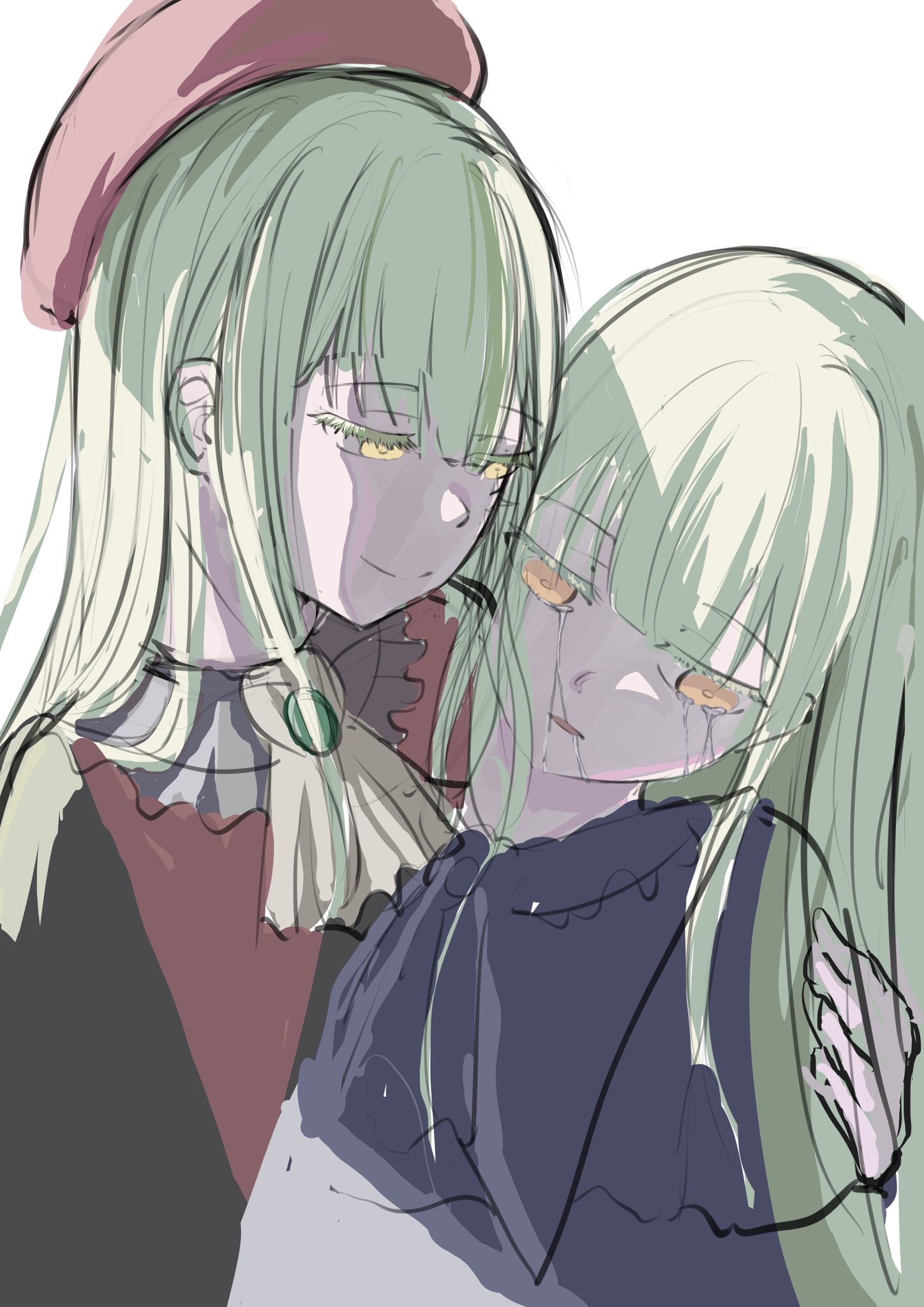 sunnysalt 08, mortis (bang dream!), mortis (costume) (bang dream!), mortis (persona) (bang dream!), wakaba mutsumi, bang dream!, bang dream! it's mygo!!!!!, commentary request, highres, 2girls, ascot, beret, crying, crying with eyes open, dual persona, green hair, hat, long hair, multiple girls, open mouth, red hat, sidelocks, simple background, tears, white ascot, white background, yellow eyes