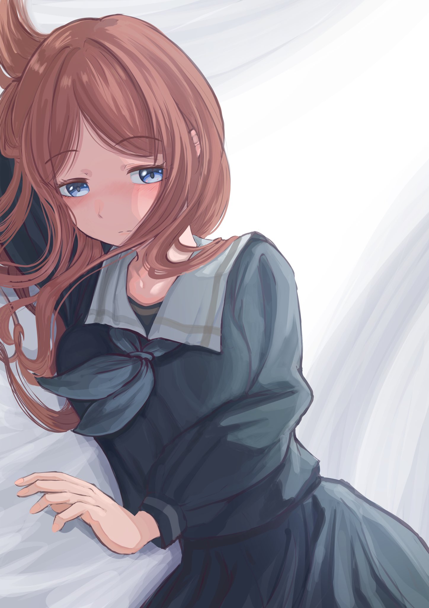 sunnysalt 08, nagasaki soyo, bang dream!, bang dream! it's mygo!!!!!, commentary request, highres, 1girl, blue eyes, blue shirt, blue skirt, brown hair, closed mouth, grey neckerchief, long hair, long sleeves, lying, neckerchief, on side, pleated skirt, school uniform, shirt, sidelocks, skirt, solo, tsukinomori school uniform