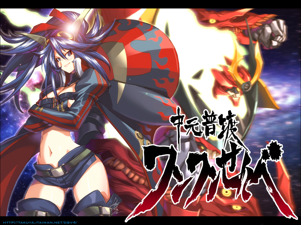momofuki rio, takuya itaiwan, nini (cgany), simon (ttgl), tengen toppa gurren-lagann (mecha), tengen toppa gurren lagann, translation request, 1girl, blue hair, breasts, cosplay, genderswap, genderswap (mtf), goggles, goggles on head, letterboxed, manly, mecha, medium breasts, midriff, ponytail, robot, short shorts, shorts, simon (cosplay), smile, space, thighhighs