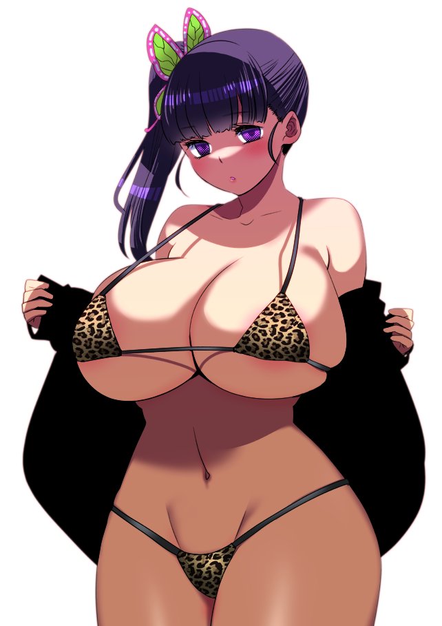 perepere-kun, tsuyuri kanao, kimetsu no yaiba, 1girl, alternate breast size (larger), blunt bangs, breasts, huge breasts, leopard print bikini, lips, navel, open clothes, open mouth, purple eyes, purple hair, simple background, solo, white background