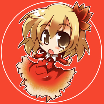 shirogane (platinum), aki shizuha, touhou, lowres, 1girl, chibi, female focus, hair ornament, leaf hair ornament, solo, thick eyebrows