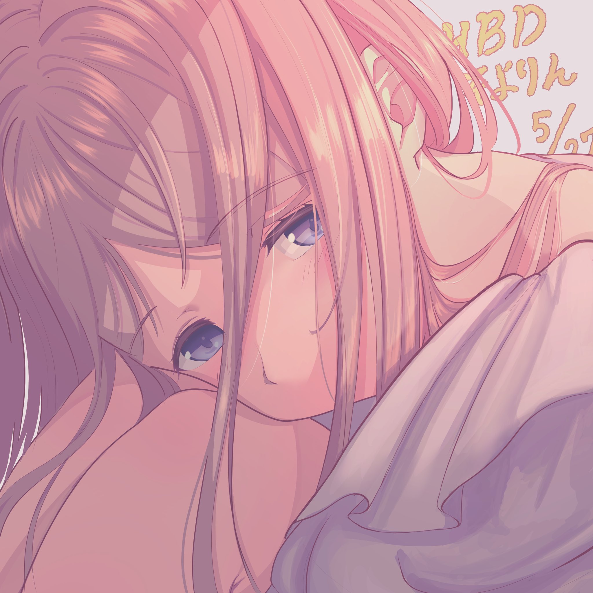 sunnysalt 08, nagasaki soyo, bang dream!, bang dream! it's mygo!!!!!, commentary request, highres, translated, 1girl, blue eyes, brown hair, close-up, dated, happy birthday, hugging own legs, long hair, shirt, sidelocks, solo, white background, white shirt