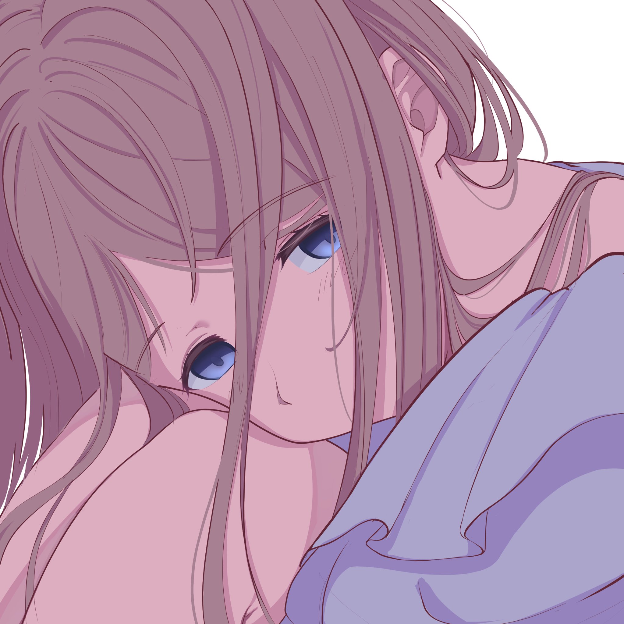 sunnysalt 08, nagasaki soyo, bang dream!, bang dream! it's mygo!!!!!, commentary request, highres, 1girl, blue eyes, brown hair, close-up, empty eyes, hugging own legs, long hair, shirt, sidelocks, solo, white background, white shirt