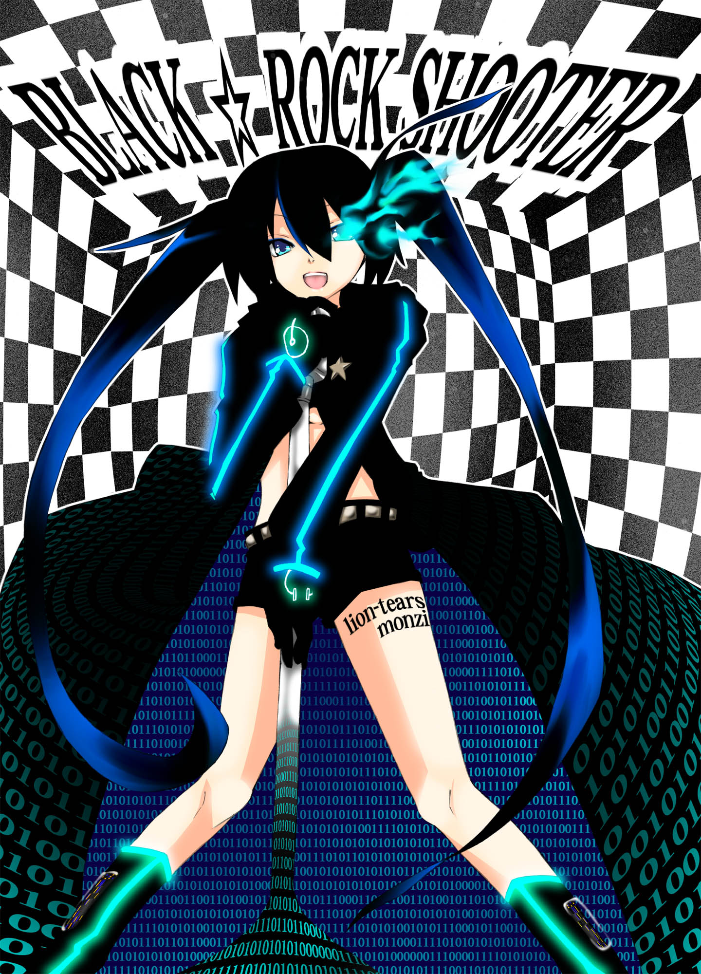 monzi, black rock shooter (character), hatsune miku, black rock shooter, vocaloid, bad id, bad pixiv id, highres, 10s, 1girl, blackâ˜…rock shooter, black hair, blue eyes, female focus, long hair, midriff, shorts, solo, twintails