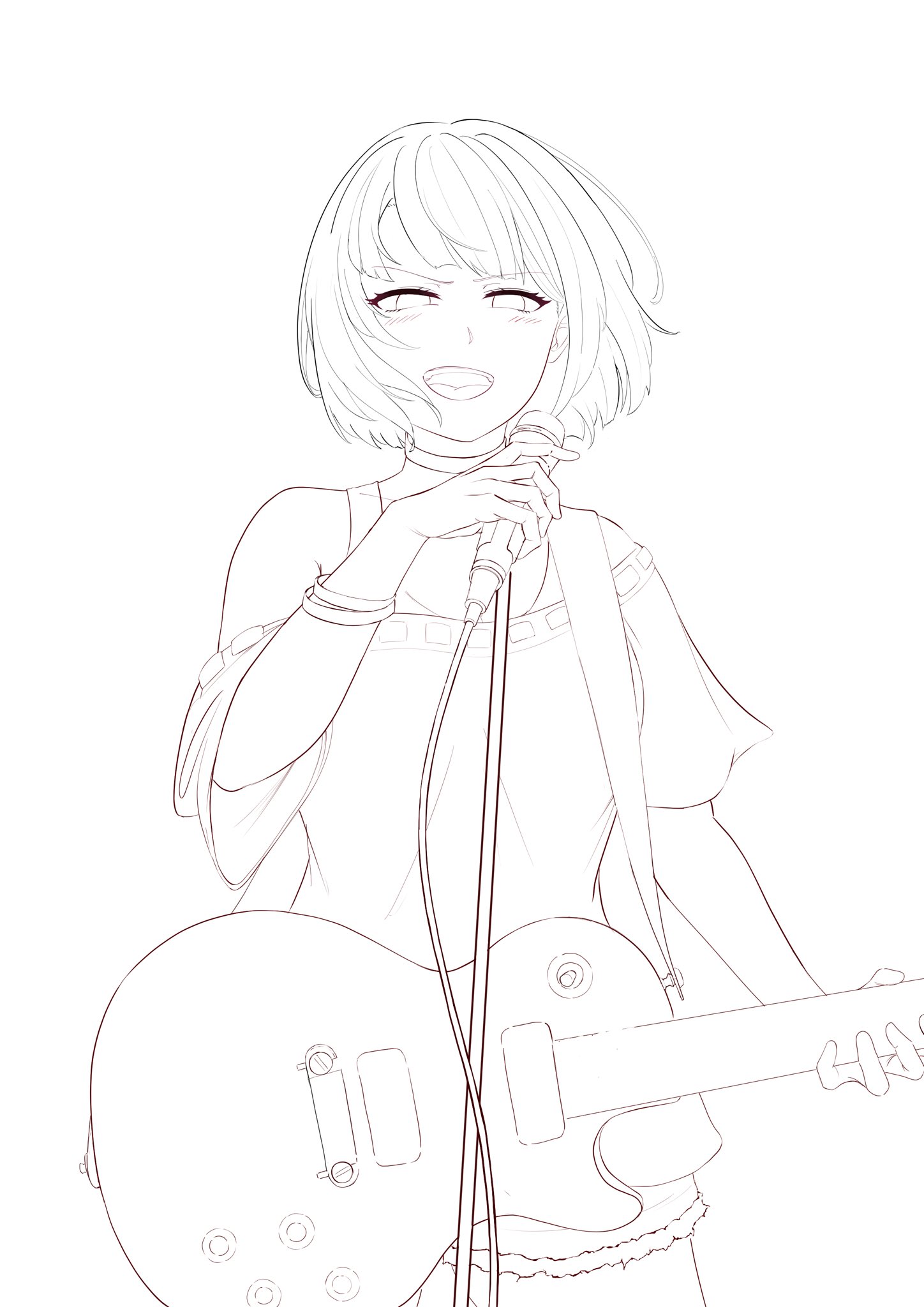 sunnysalt 08, mitake ran, bang dream!, commentary request, highres, unfinished, 1girl, bracelet, cable, choker, guitar, guitar strap, holding, holding guitar, holding instrument, holding microphone, instrument, jewelry, lineart, microphone, microphone stand, off shoulder, open mouth, short hair, short sleeves, shorts, solo, tank top, teeth, upper teeth only