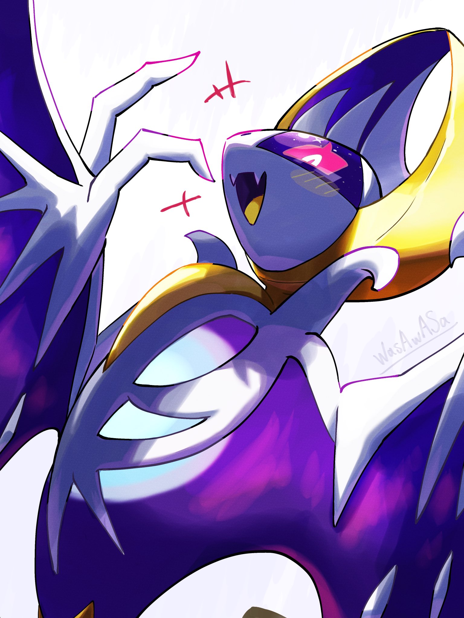 wasawasa (ikyu bu), lunala, nintendo, pokemon, highres, blush, bright pupils, gen 7 pokemon, legendary pokemon, open mouth, pink eyes, pokemon (creature), signature, simple background, white background, white pupils