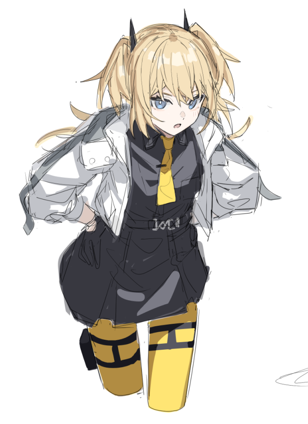 kawara pigeon, original, 1girl, blonde hair, blue eyes, grey shirt, grey skirt, holster, jacket, necktie, pantyhose, shirt, simple background, skirt, solo, thigh holster, thigh strap, thighs, twintails, white background, white jacket, yellow necktie, yellow pantyhose