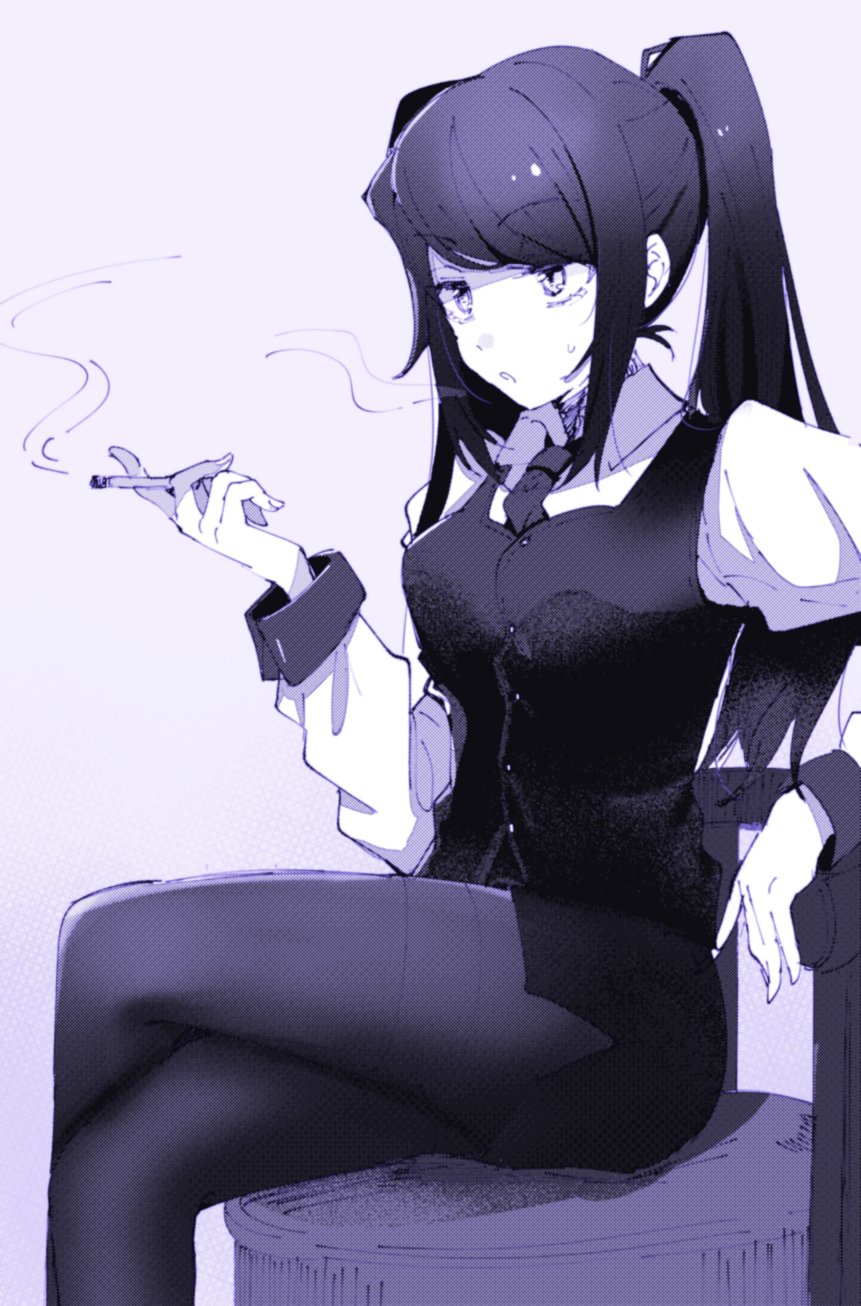 thi fure, jill stingray, va-11 hall-a, highres, cigarette, collared shirt, long hair, long sleeves, miniskirt, monochrome, necktie, pantyhose, purple hair, purple vest, shirt, simple background, sitting, skirt, smoke, smoking, sweatdrop, twintails, vest