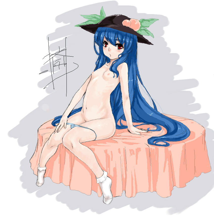 kirisato itsuki, hinanawi tenshi, touhou, bad id, bad pixiv id, 1girl, blue hair, bobby socks, female focus, flat chest, food, fruit, hat, legs, long hair, nipples, nude, oekaki, panties, panty pull, peach, red eyes, sitting, socks, solo, underwear, white socks