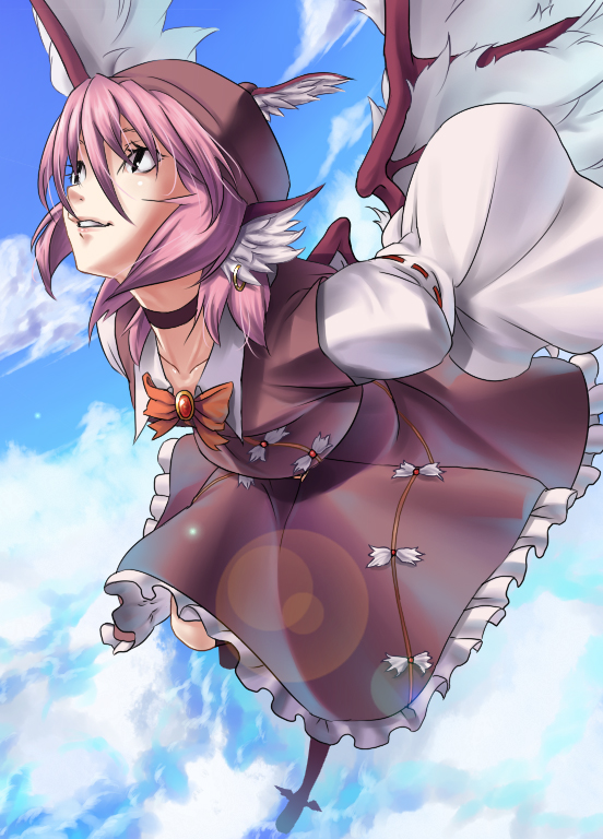 himegami shino, mystia lorelei, touhou, bad id, bad pixiv id, 1girl, animal ears, black eyes, choker, cloud, day, dress, earrings, female focus, flying, hat, jewelry, lips, perspective, pink hair, short hair, sky, solo, wide sleeves, wings