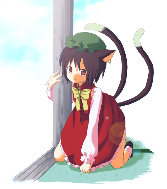 ica, inaka, chen, touhou, bad id, bad pixiv id, 1girl, animal ears, cat ears, cat girl, cat tail, china dress, chinese clothes, dress, earrings, female focus, gradient background, hat, jewelry, kneeling, lens flare, ribbon, short hair, sky, solo, tail, white background