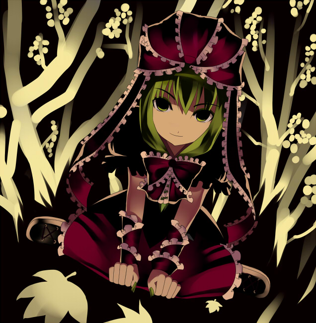 kureha (ironika), kagiyama hina, kureha, touhou, 1girl, female focus, front ponytail, green hair, long hair, ribbon, solo