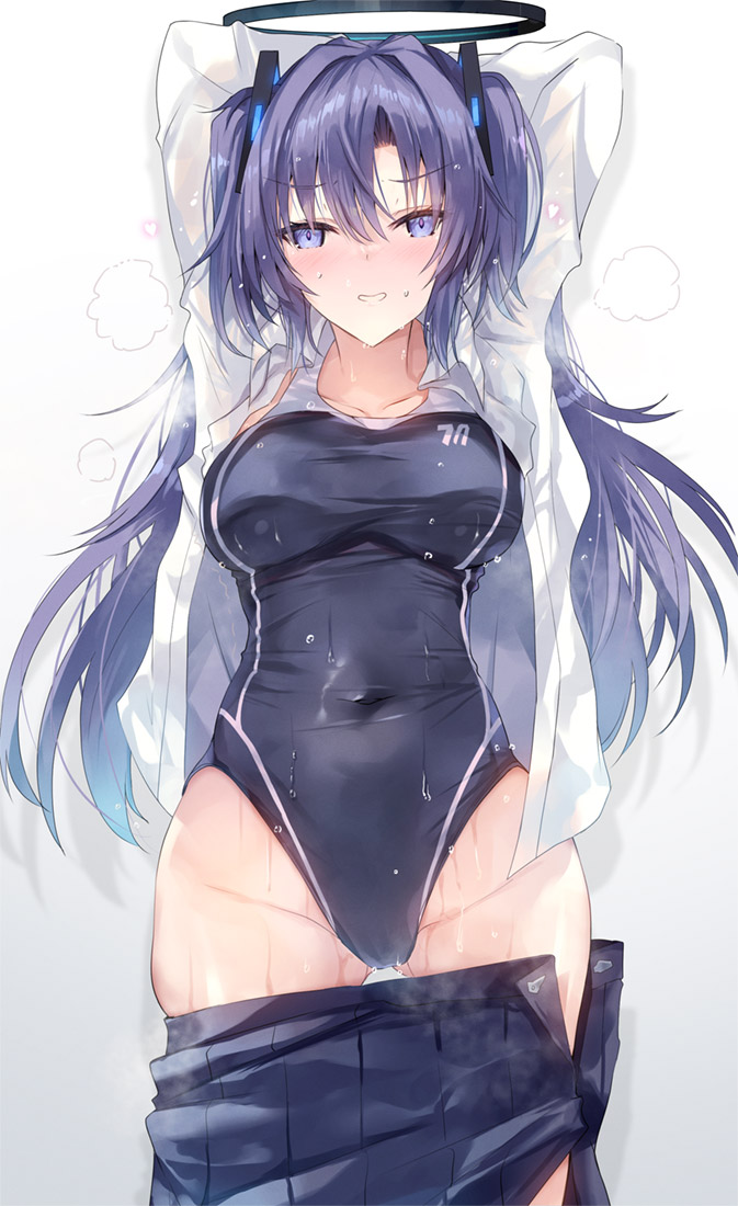 inoue takuya (tactactak), yuuka (blue archive), blue archive, 1girl, alternate costume, black halo, blue one-piece swimsuit, blue skirt, breasts, collared shirt, covered navel, halo, large breasts, long hair, mechanical halo, one-piece swimsuit, open clothes, open shirt, purple eyes, purple hair, shirt, simple background, skirt, solo, sweatdrop, swimsuit, two side up, wet, white background, white shirt