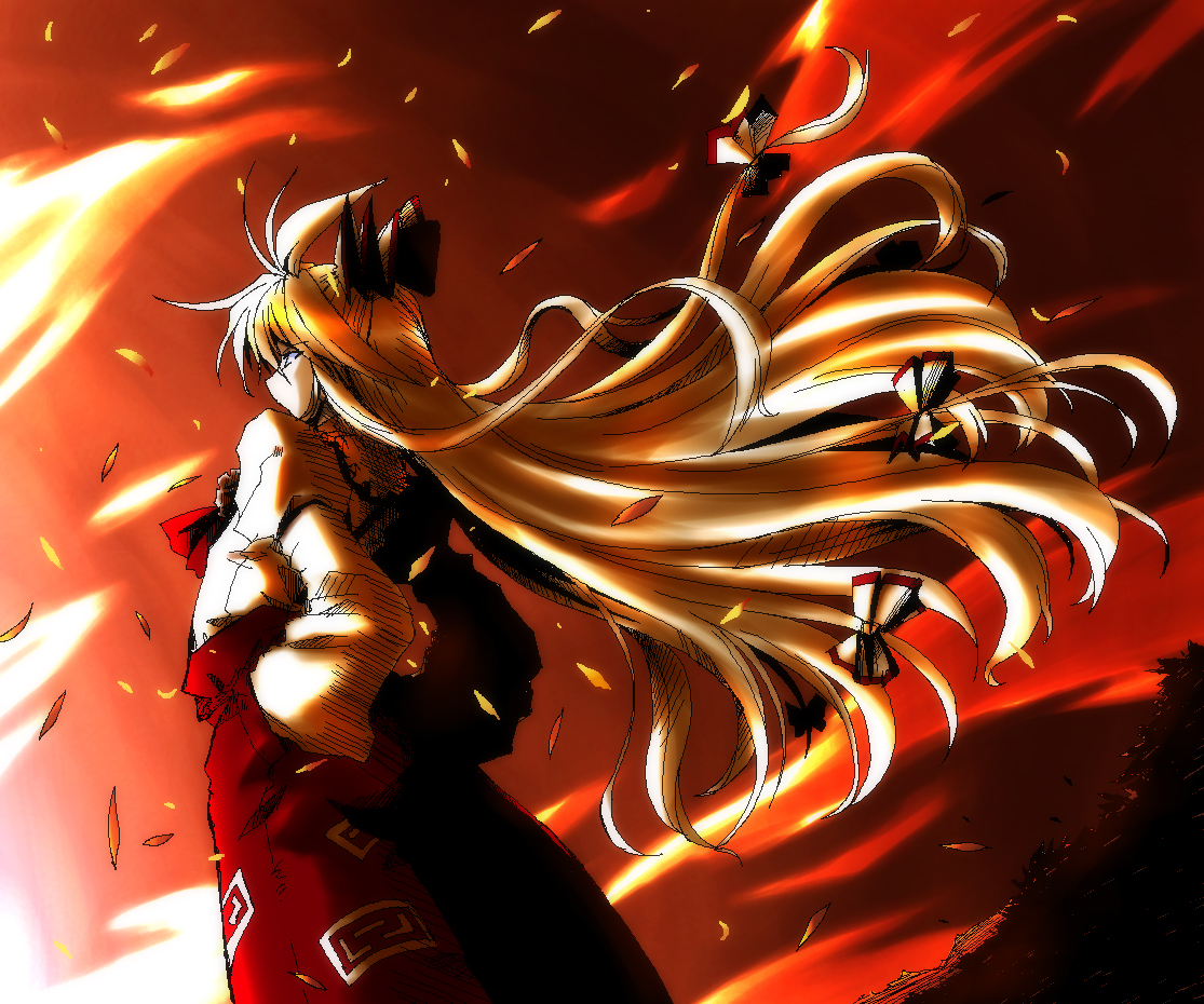 takana shinno, fujiwara no mokou, touhou, 1girl, bow, buckle, female focus, fire, floating hair, from behind, hair bow, long hair, long sleeves, multiple hair bows, ofuda, pants, red bow, sitting, solo, suspenders, very long hair