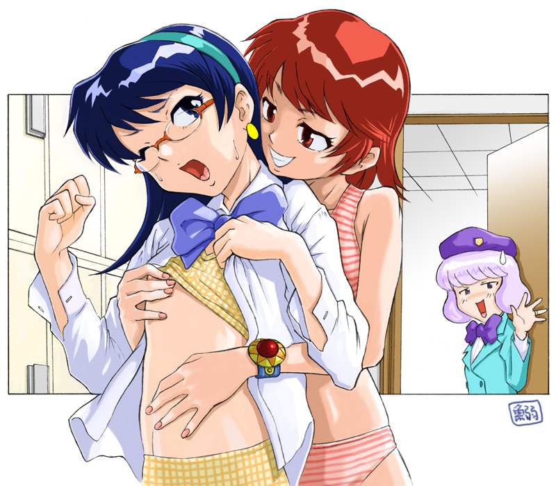 pierre iwashi, akashi kaoru, nogami aoi, sannomiya shiho, shogakukan, zettai karen children, light purple hair, plaid, 00s, 3girls, beret, blue eyes, blue hair, bow, bra, bra lift, bracelet, breasts, earrings, flat chest, flat chest grab, glasses, grabbing another's breast, grin, groping, hairband, hat, jewelry, lingerie, loli, long hair, multiple girls, nail polish, naughty face, nipple stimulation, nipple tweak, nipples, open clothes, open mouth, open shirt, panties, purple hair, red eyes, red hair, school uniform, serafuku, shirt, short hair, small breasts, smile, striped clothes, striped panties, sweat, sweatdrop, underwear, underwear only, walk-in, waving, wince, yuri