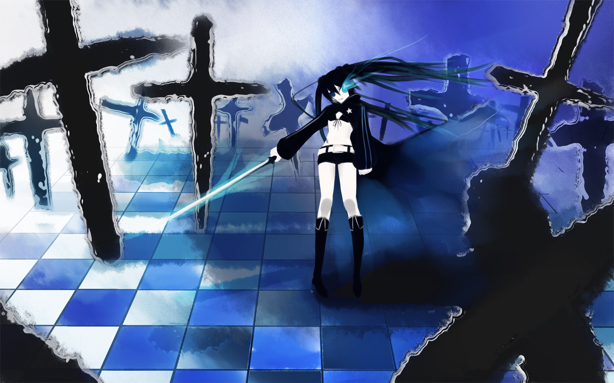 kaz (pixiv61454), yuuzuki (natsulain), black rock shooter (character), hatsune miku, black rock shooter, vocaloid, bad id, bad pixiv id, 10s, 1girl, black hair, blacku00e2u02dcu2026rock shooter, blue eyes, cross, female focus, katana, latin cross, long hair, midriff, shorts, solo, sword, twintails, weapon
