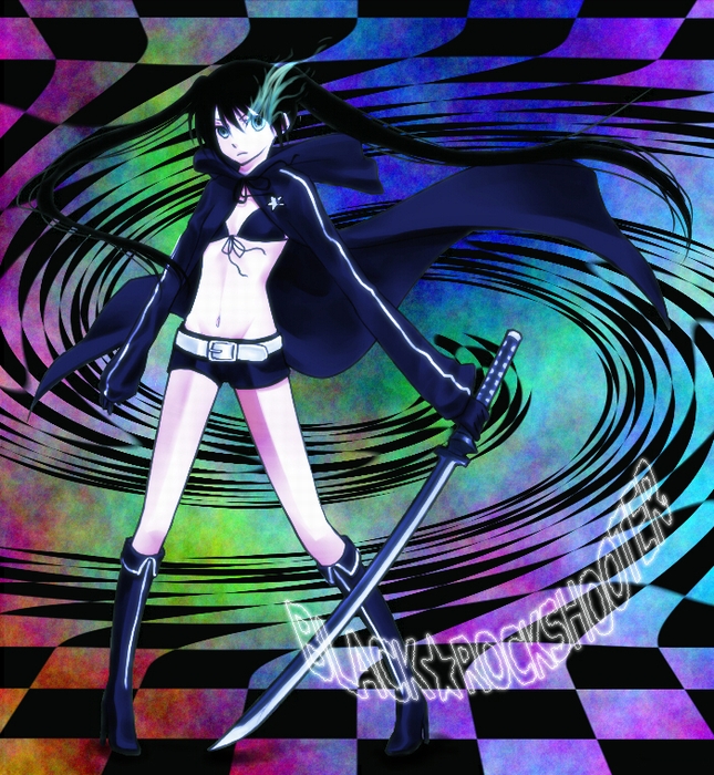 itsuki (itu-ki), black rock shooter (character), hatsune miku, black rock shooter, vocaloid, 10s, blackâ˜…rock shooter, black hair, blue eyes, katana, long hair, midriff, shorts, solo, sword, twintails, weapon