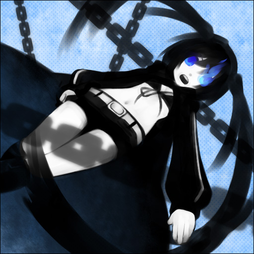 kanoko (maa84769), black rock shooter (character), hatsune miku, black rock shooter, vocaloid, bad perspective, 10s, 1girl, black hair, blacku00e2u02dcu2026rock shooter, blue eyes, chain, female focus, long hair, midriff, monochrome, shorts, solo, spot color, twintails