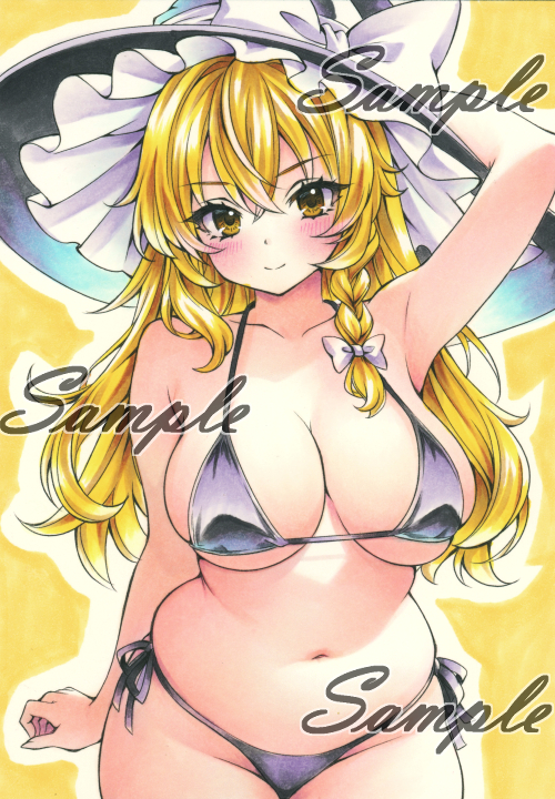 miyakooo0420, kirisame marisa, touhou, commentary request, traditional media, 1girl, alternate costume, apron, arm up, bikini, black bikini, black hat, blonde hair, bow, braid, breasts, closed mouth, collarbone, groin, hair bow, halterneck, hat, hat bow, huge breasts, long hair, looking at viewer, navel, sample watermark, side-tie bikini bottom, side braid, single braid, smile, solo, stomach, swimsuit, watermark, white bow, witch hat, yellow eyes