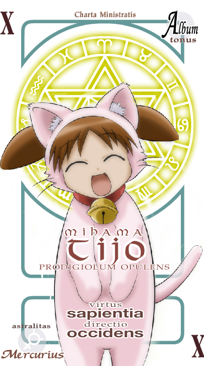 mihama chiyo, azumanga daiou, mahou sensei negima!, 1girl, animal costume, card (medium), cat costume, character name, child, female focus, mercury symbol, pactio, parody, short twintails, solo, twintails