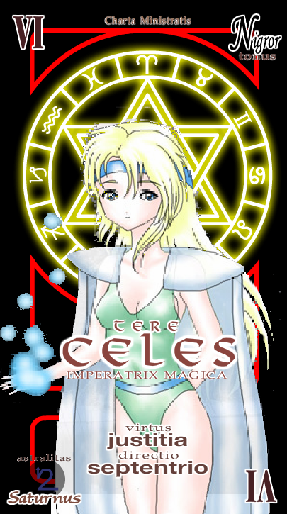 celes chere, final fantasy, final fantasy vi, 1990s (style), 1girl, blonde hair, blue eyes, cape, card (medium), character name, female focus, headband, hexagram, long hair, magic, magic circle, pactio, retro artstyle, solo, zodiac