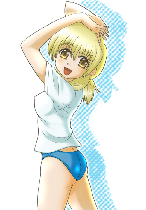 miyako (hidamari sketch), hidamari sketch, 00s, 1girl, arms up, ass, blonde hair, breasts, buruma, covered erect nipples, female focus, looking at viewer, shirt, simple background, solo, sportswear, standing, white background, white shirt
