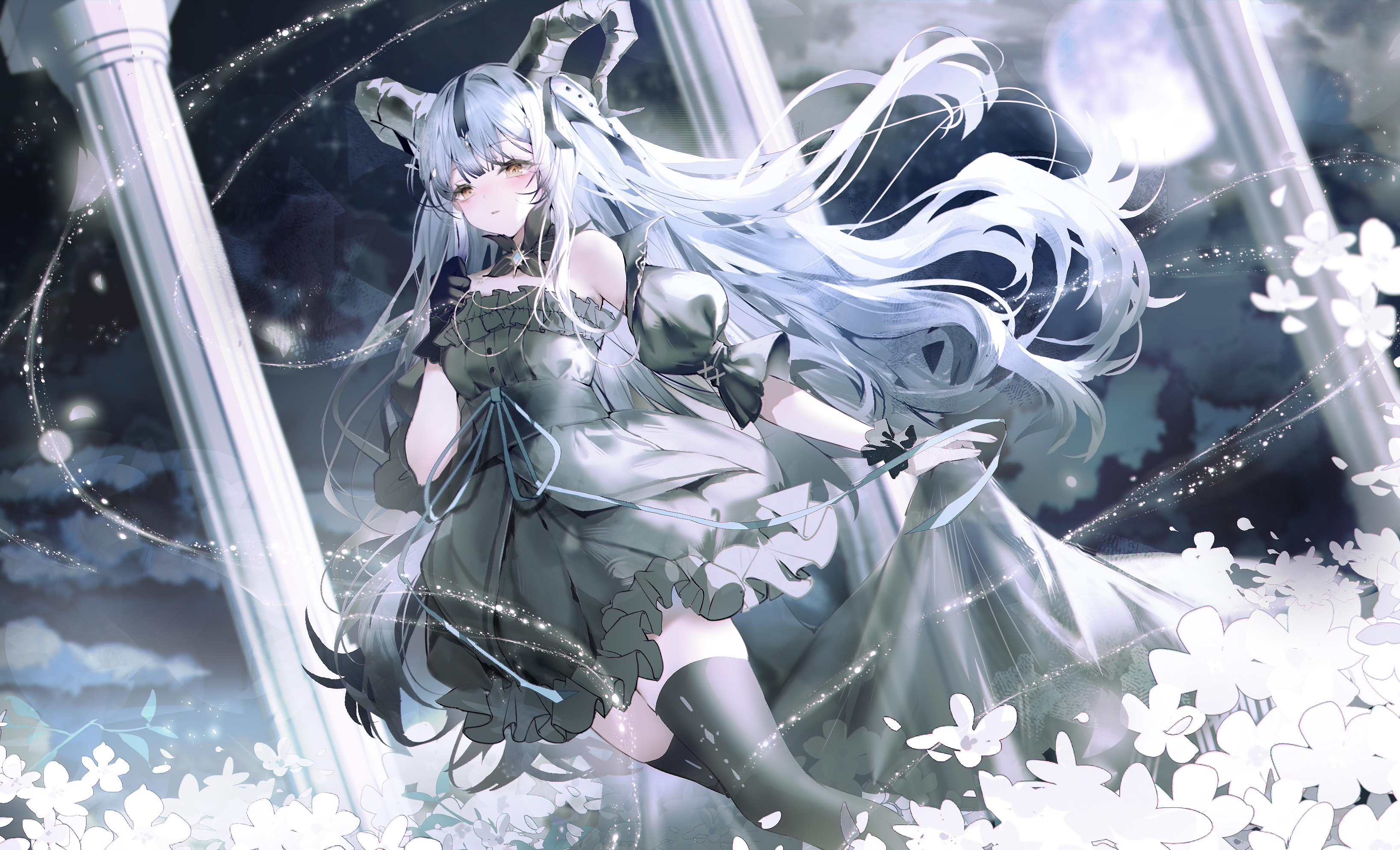 xiongshouji, togawa sakiko, togawa sakiko (master of melodia), arknights, bang dream!, bang dream! it's mygo!!!!!, absurdres, chinese commentary, commentary request, highres, 1girl, bare shoulders, black dress, black gloves, black horns, black ribbon, blue hair, column, curled horns, detached collar, dress, feet out of frame, field, flower, flower field, frilled dress, frills, full moon, gloves, hair ribbon, horns, light particles, long hair, looking at viewer, moon, night, outdoors, pillar, ribbon, sidelocks, skirt hold, solo, standing, two side up, white flower, yellow eyes