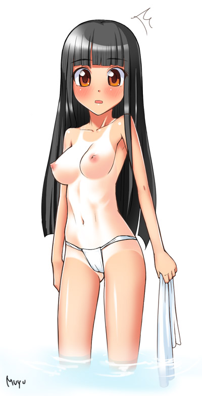 yamanezumi rokikku, original, 1girl, black hair, blush, breasts, brown eyes, female focus, fundoshi, japanese clothes, long hair, looking at viewer, medium breasts, nipples, one-piece tan, simple background, solo, standing, tan, tanline, topless female, towel, wading, water, white background