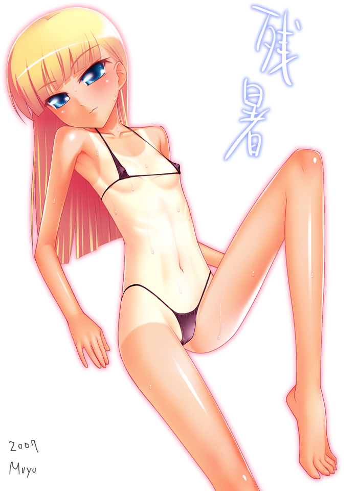 yamanezumi rokikku, original, 1girl, bikini, blonde hair, blue eyes, female focus, flat chest, long hair, one-piece tan, ribs, simple background, solo, swimsuit, tan, tanline, white background