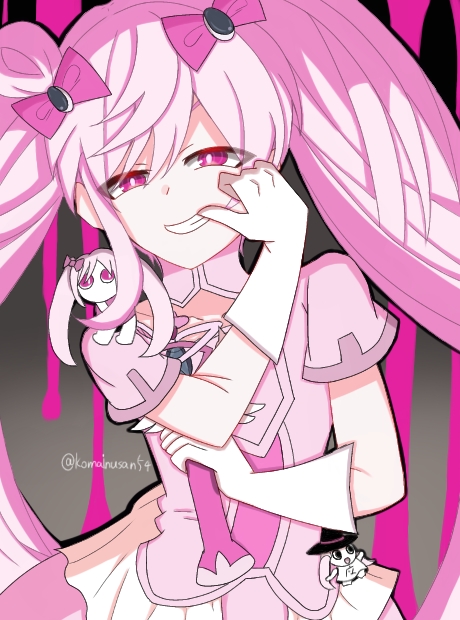 aimaina, doushite-chan, hatsune miku, mahou shoujo to chokorewito (vocaloid), vocaloid, commentary request, 1girl, bow, brooch, chocolate, dress, frills, gloves, hair bow, hair ornament, holding, holding wand, jewelry, long hair, looking at viewer, magical girl, pink bow, pink eyes, pink hair, shirt, short sleeves, simple background, smile, twintails, user jhwd2872, wand, white gloves