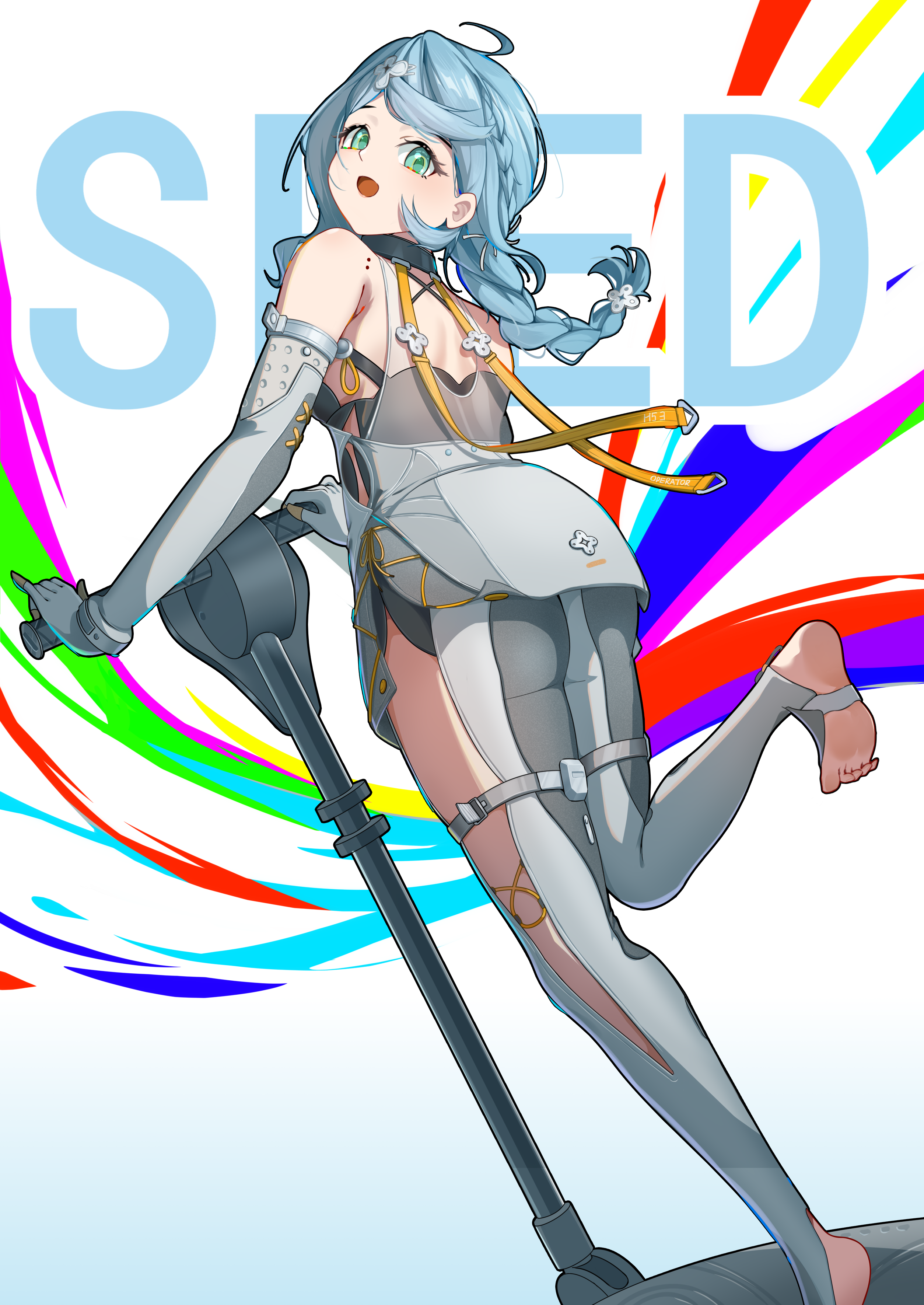 h53 (tianzaibazhu), seed (zenless zone zero), zenless zone zero, absurdres, highres, 1girl, ahoge, ass, bare shoulders, blue hair, blush, bodysuit, braid, detached sleeves, elbow gloves, from behind, gloves, green eyes, long hair, looking at viewer, looking back, motor vehicle, open mouth, scooter, single braid, smile, solo