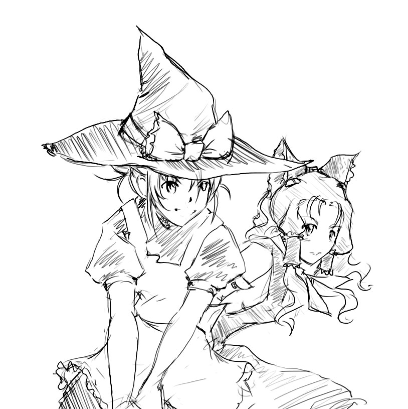 aeru (simoun), hakurei reimu, kirisame marisa, neviril (simoun), simoun, touhou, 2girls, broom, broom riding, cosplay, crossover, greyscale, hakurei reimu (cosplay), hat, japanese clothes, kirisame marisa (cosplay), miko, monochrome, multiple girls, neviril (cosplay), sidesaddle, simple background, white background, witch, witch hat