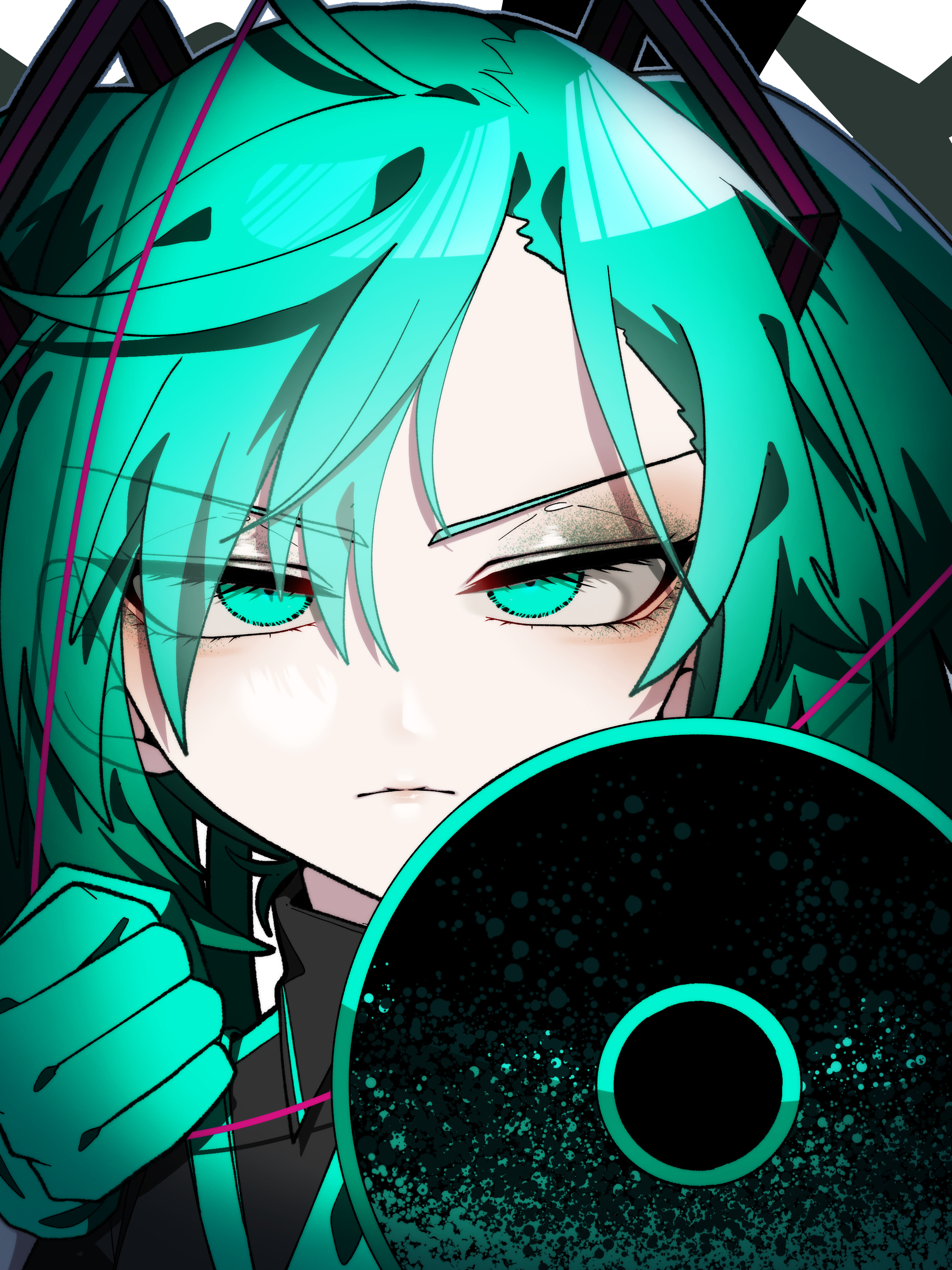 hatsune miku, koi wa sensou (vocaloid), vocaloid, absurdres, commentary request, highres, 1girl, aqua eyes, aqua hair, b-52 stratofortress, eri219flower, green hair, hair ornament, headphones, headset, holding, holding megaphone, long hair, megaphone, open mouth, shirt, simple background, solo, twintails, very long hair