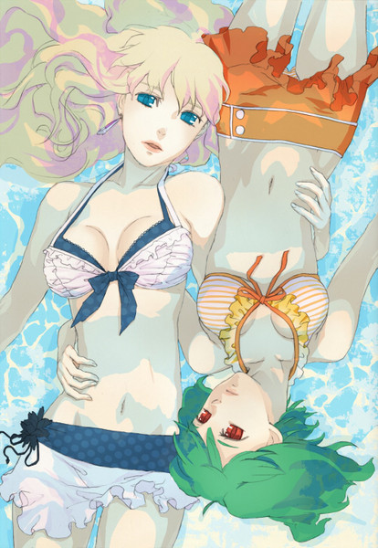 mhr, ranka lee, sheryl nome, macross, macross frontier, striped, resized, 2girls, aqua eyes, bikini, blonde hair, blue eyes, breasts, cleavage, green hair, lips, long hair, multiple girls, pixiv thumbnail, red eyes, short hair, striped bikini, striped one-piece swimsuit, swimsuit, water
