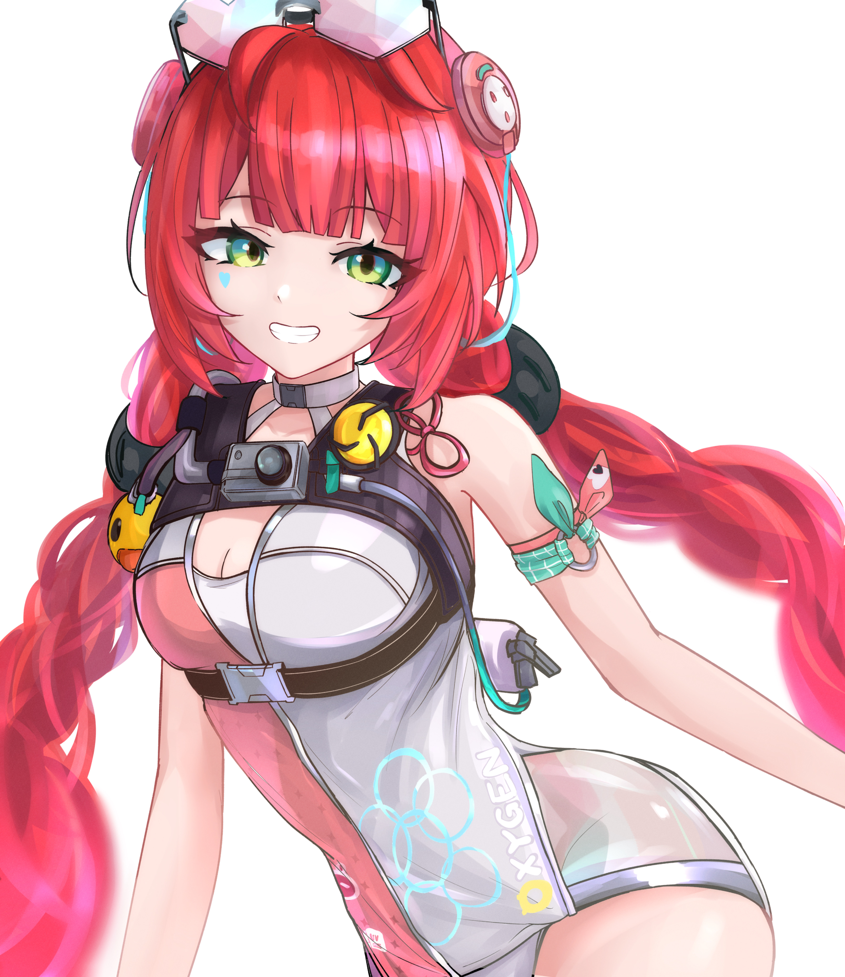 ukinami yuzuha, ukinami yuzuha (tanuki in broad daylight), zenless zone zero, absurdres, commentary request, highres, 1girl, bikini, braid, breasts, eyewear on head, green eyes, hair ornament, hearing aid, heart, heart-shaped eyewear, long hair, looking at viewer, official alternate costume, one-piece swimsuit, red hair, simple background, smile, solo, sphere hair ornament, swimsuit, user pyws4444